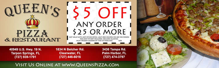 Queens pizza coupons Enjoy a freshly tossed pizza loaded with toppings at Queens Pizza in Mooresville. Patio tables and chairs are ready for Queens Pizza diners who prefer their meals al fresco. For the nights you just want to stay in and cozy up, order in great takeout or delivery from this pizzeria. At Queens Pizza, you can safely park just around the corner.